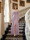 Lavender Chiffon Column Off-the-Shoulder Back Zip Floor-Length Bridesmaid Dress