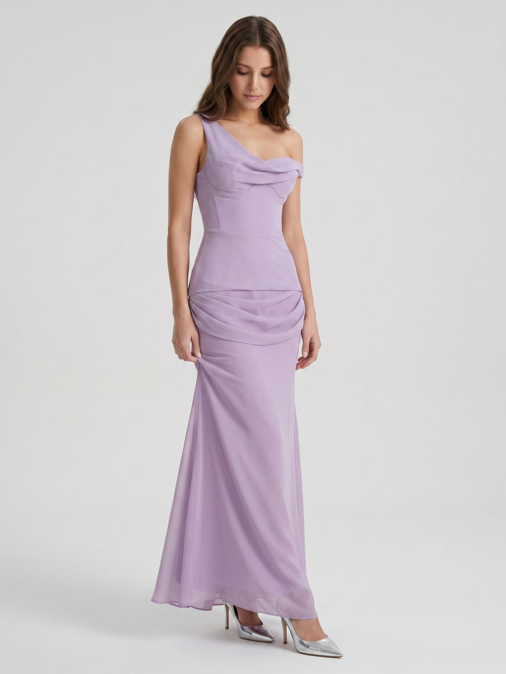 Lavender Chiffon Column One Shoulder Backless Floor-Length Bridesmaid Dress