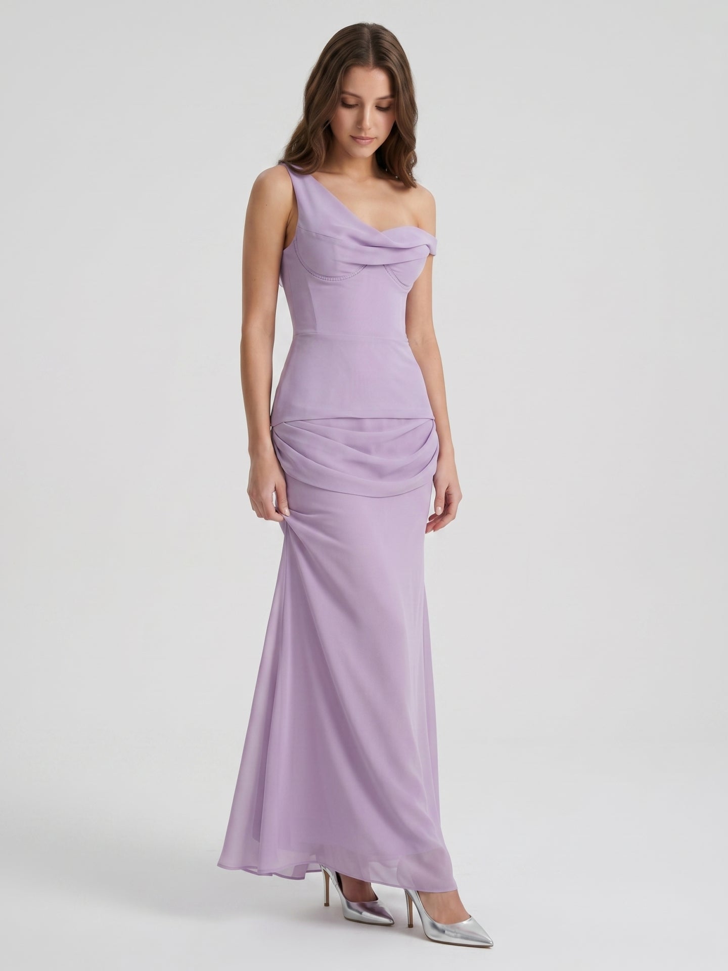 Lavender Chiffon Column One Shoulder Backless Floor-Length Bridesmaid Dress
