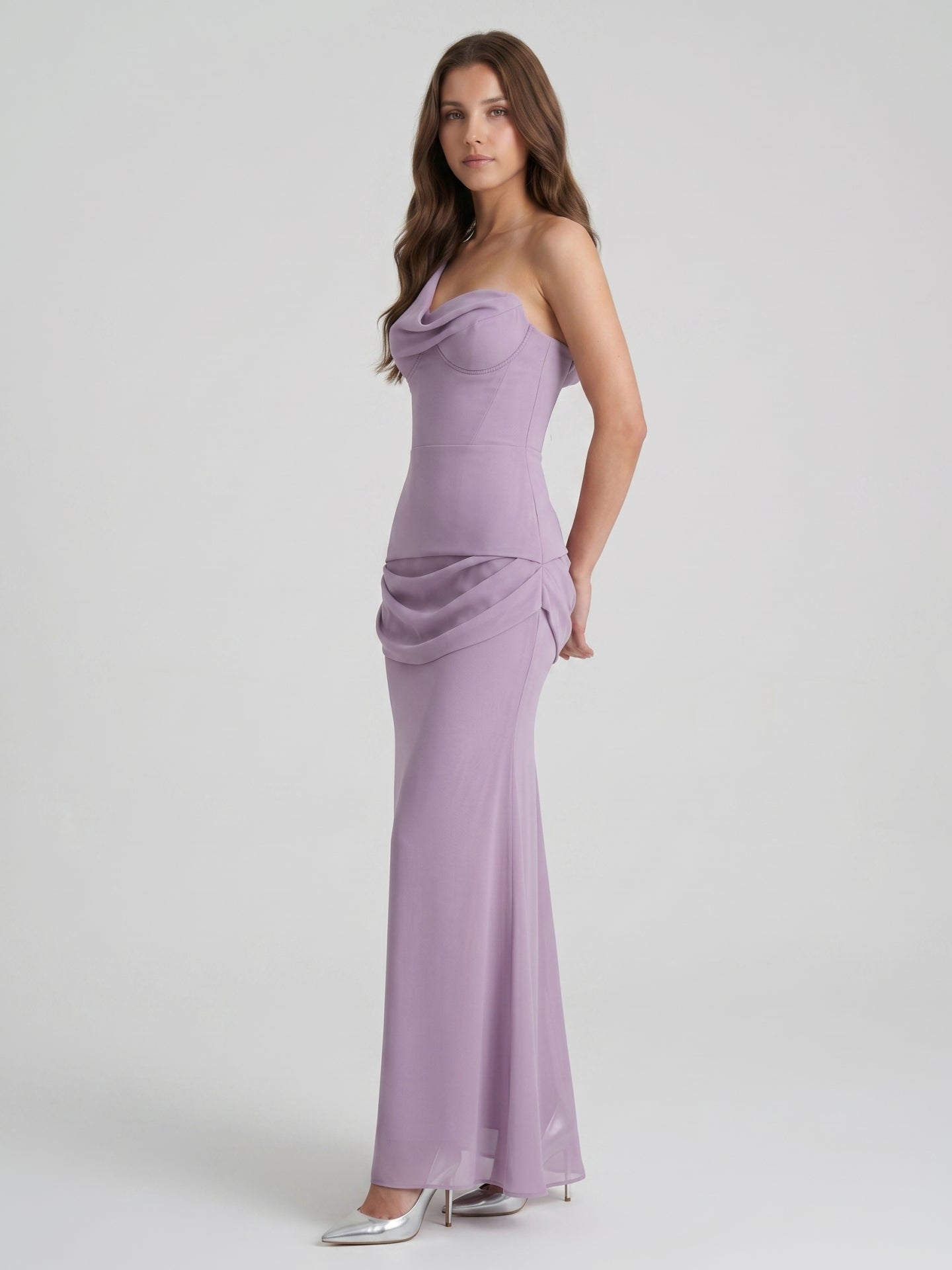 Lavender Chiffon Column One Shoulder Backless Floor-Length Bridesmaid Dress