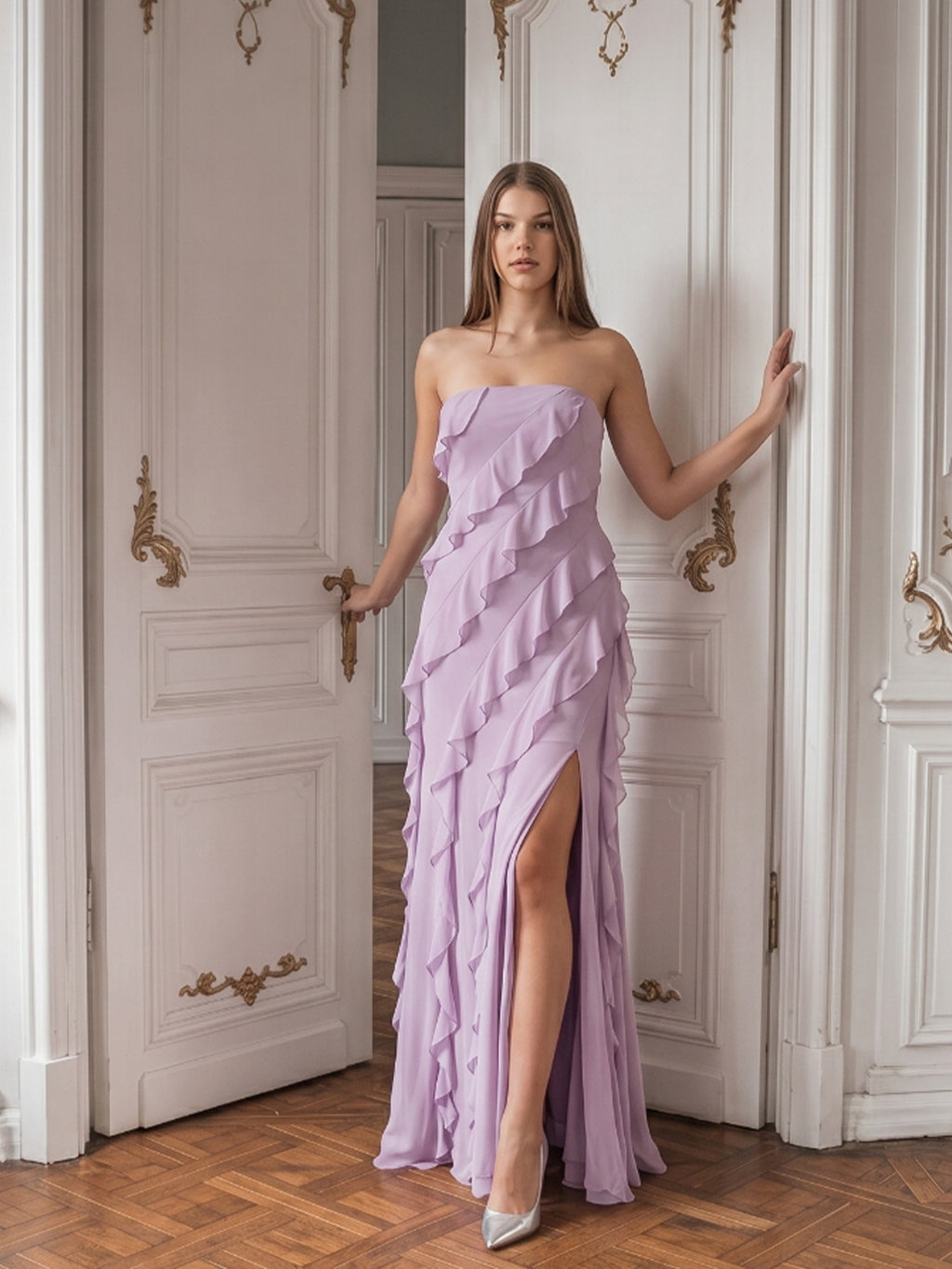 Lavender Chiffon Column Straight Neck Back Zip Floor-Length Bridesmaid Dress