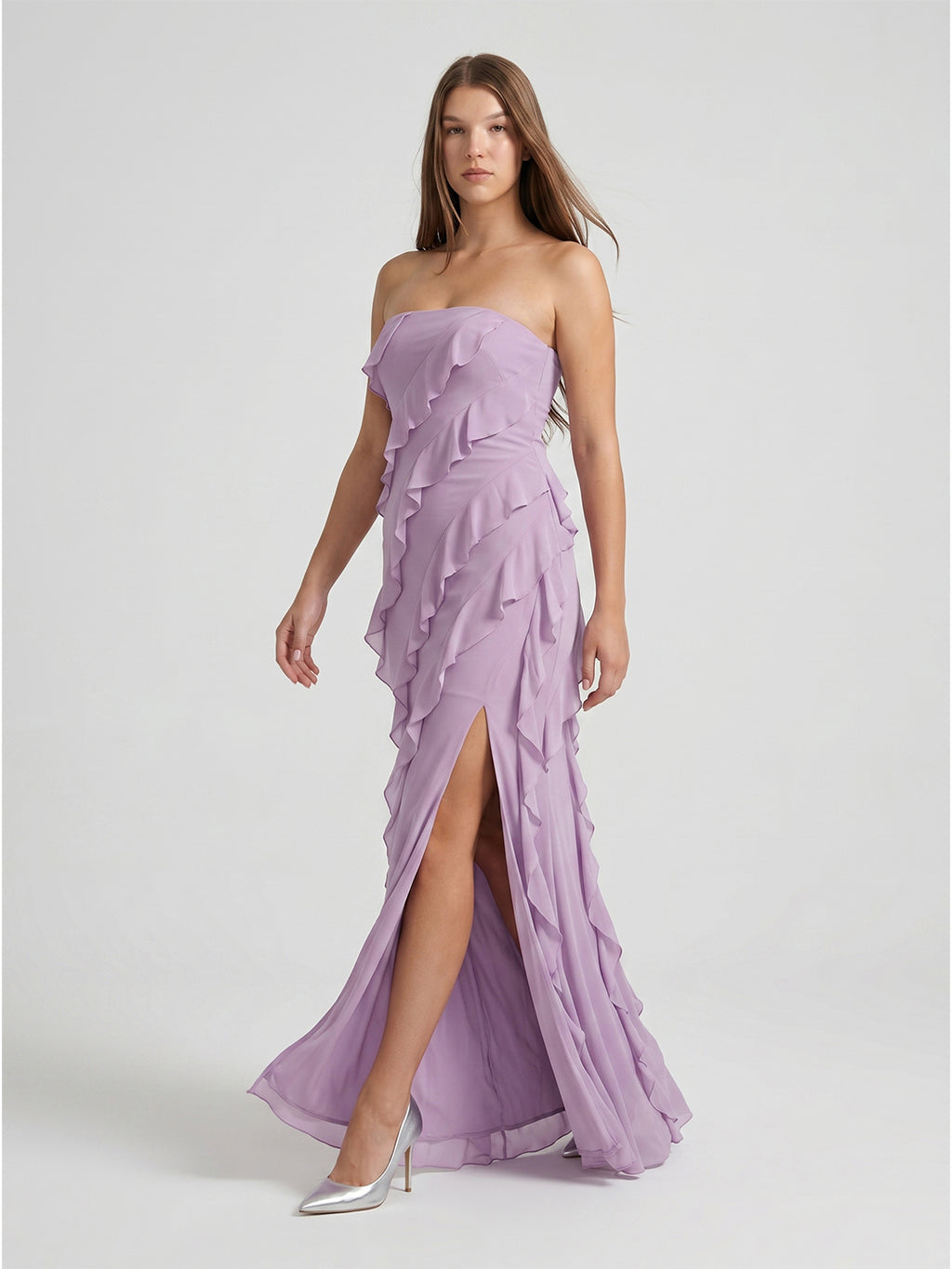Lavender Chiffon Column Straight Neck Back Zip Floor-Length Bridesmaid Dress