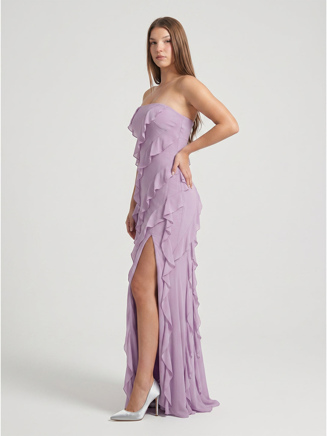 Lavender Chiffon Column Straight Neck Back Zip Floor-Length Bridesmaid Dress
