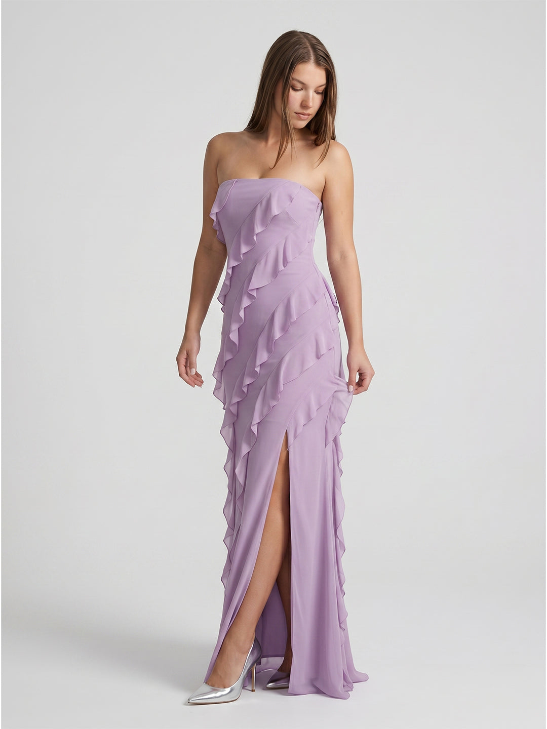 Lavender Chiffon Column Straight Neck Back Zip Floor-Length Bridesmaid Dress