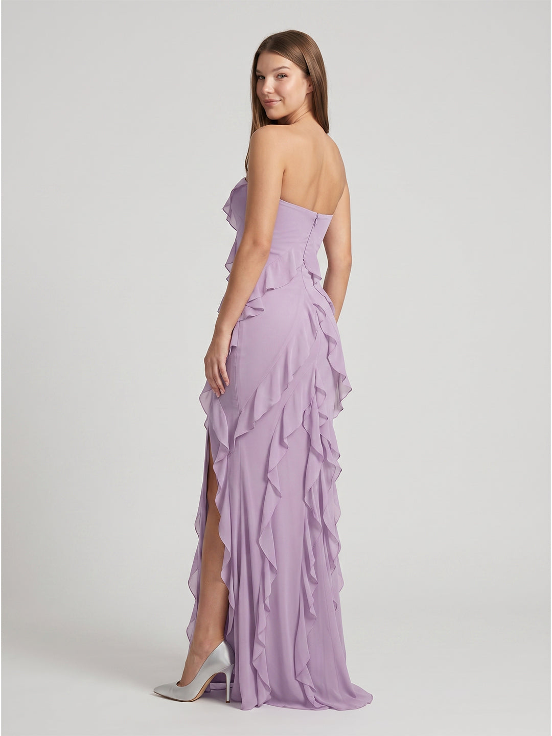 Lavender Chiffon Column Straight Neck Back Zip Floor-Length Bridesmaid Dress