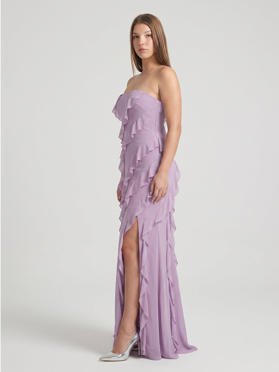 Lavender Chiffon Column Straight Neck Back Zip Floor-Length Bridesmaid Dress