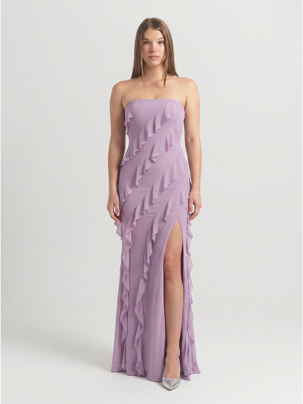 Lavender Chiffon Column Straight Neck Back Zip Floor-Length Bridesmaid Dress