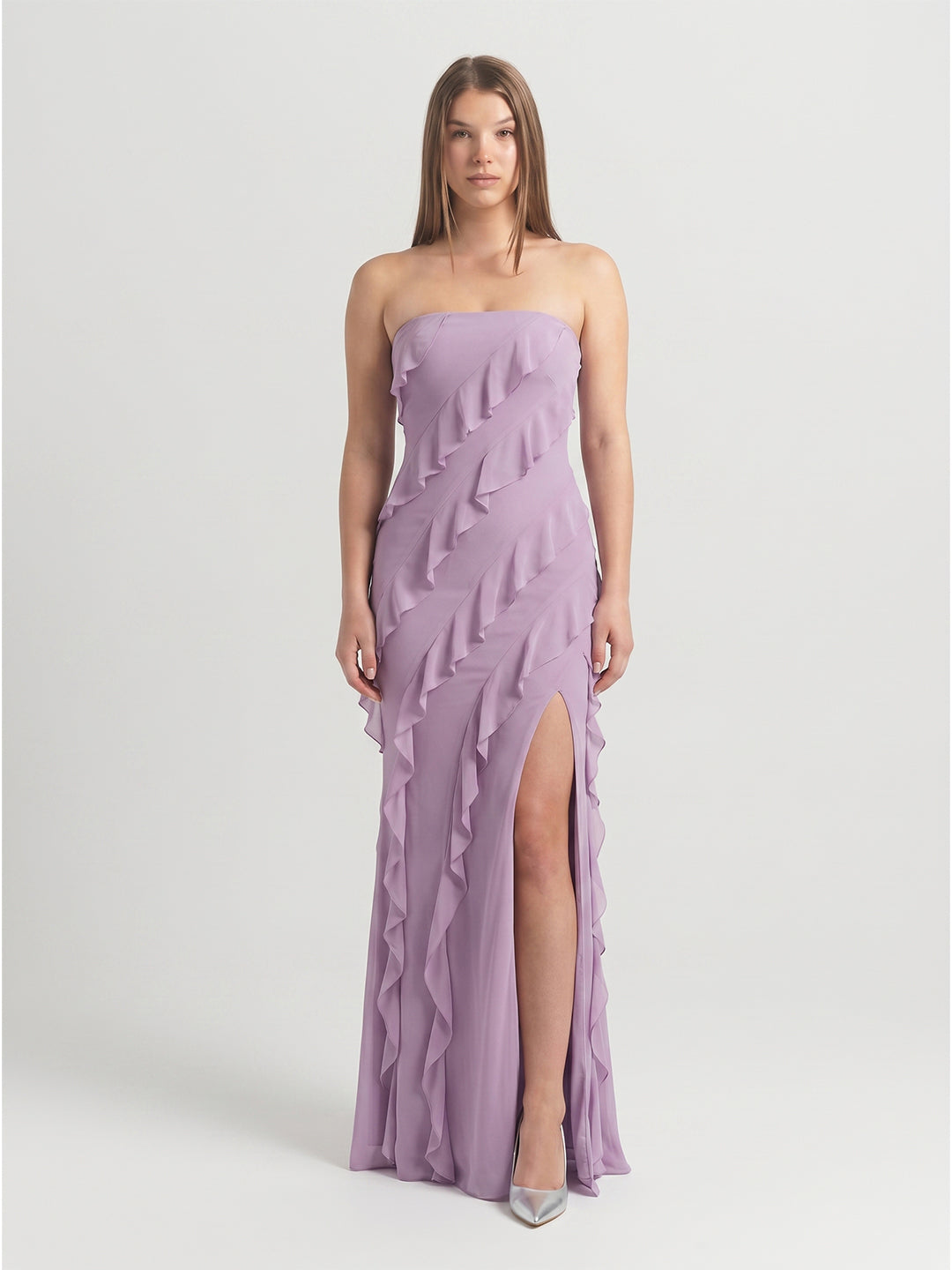 Lavender Chiffon Column Straight Neck Back Zip Floor-Length Bridesmaid Dress
