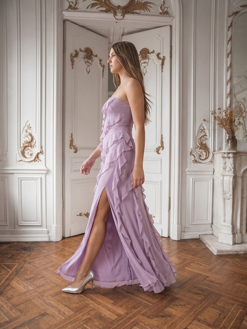Lavender Chiffon Column Straight Neck Back Zip Floor-Length Bridesmaid Dress