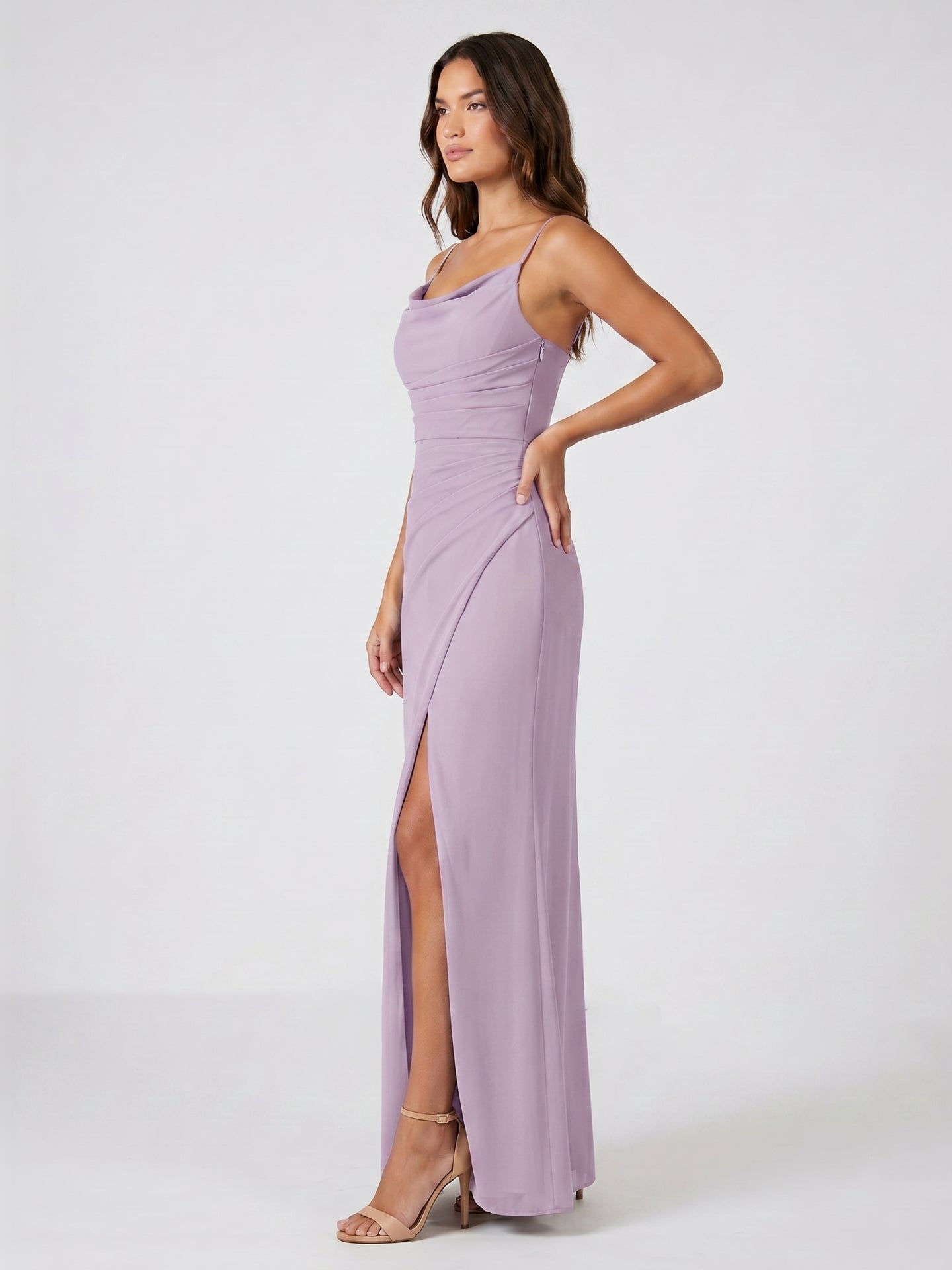 Lavender Chiffon Mermaid Cowl Neck Back Zip Floor-Length Bridesmaid Dress