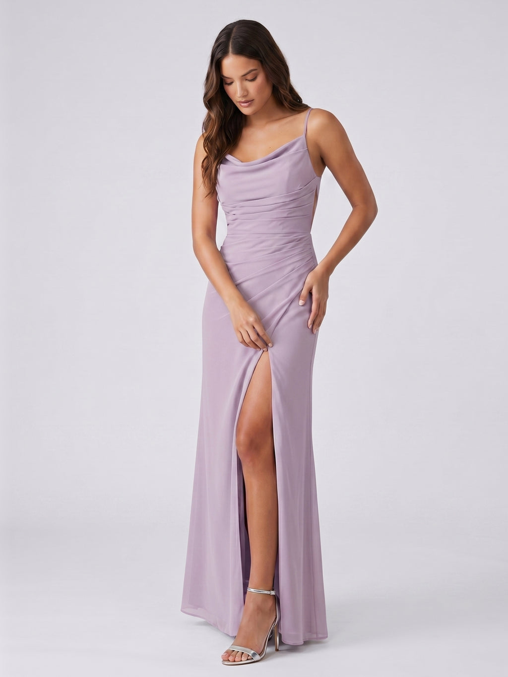 Lavender Chiffon Mermaid Cowl Neck Back Zip Floor-Length Bridesmaid Dress