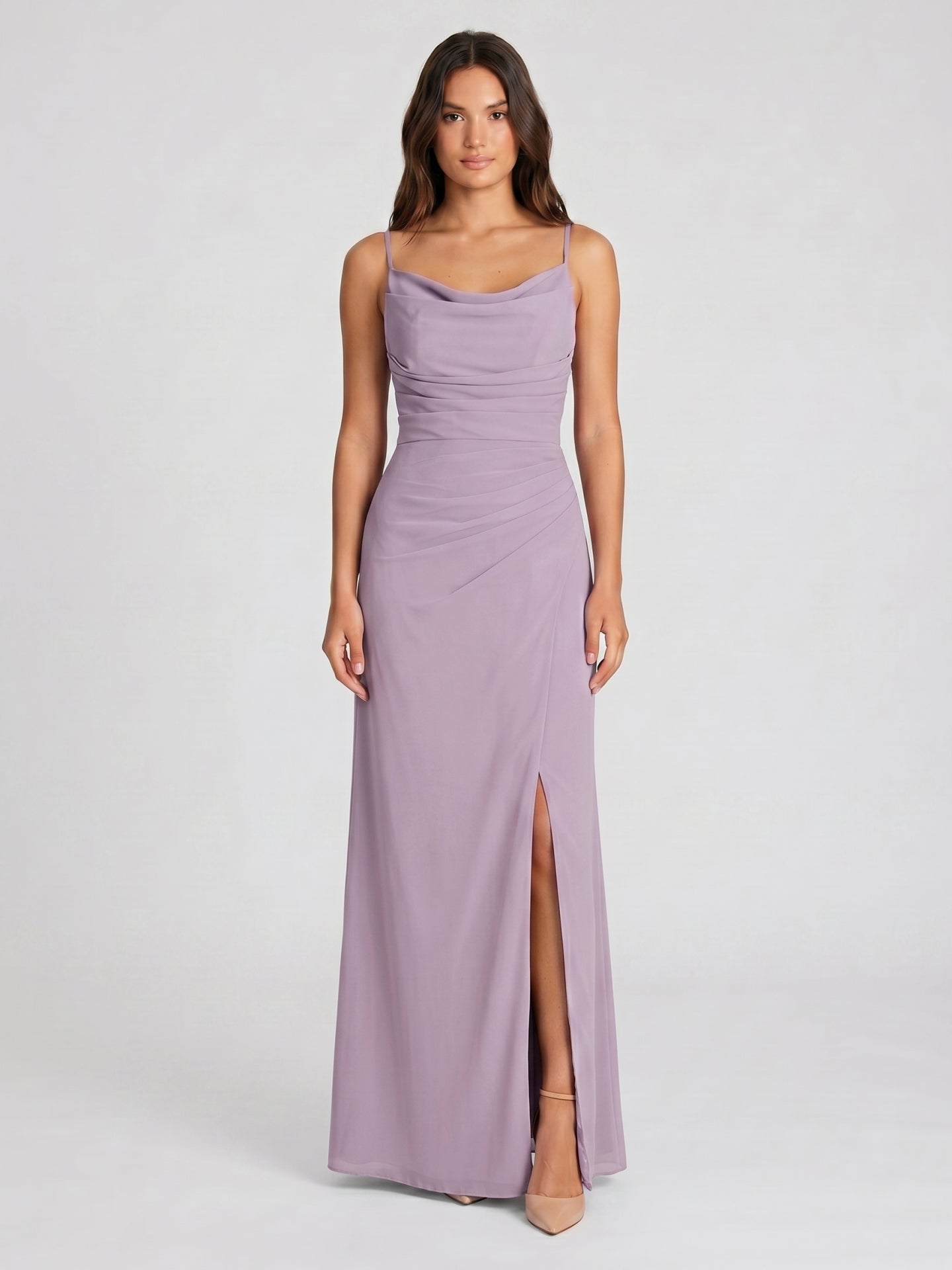 Lavender Chiffon Mermaid Cowl Neck Back Zip Floor-Length Bridesmaid Dress