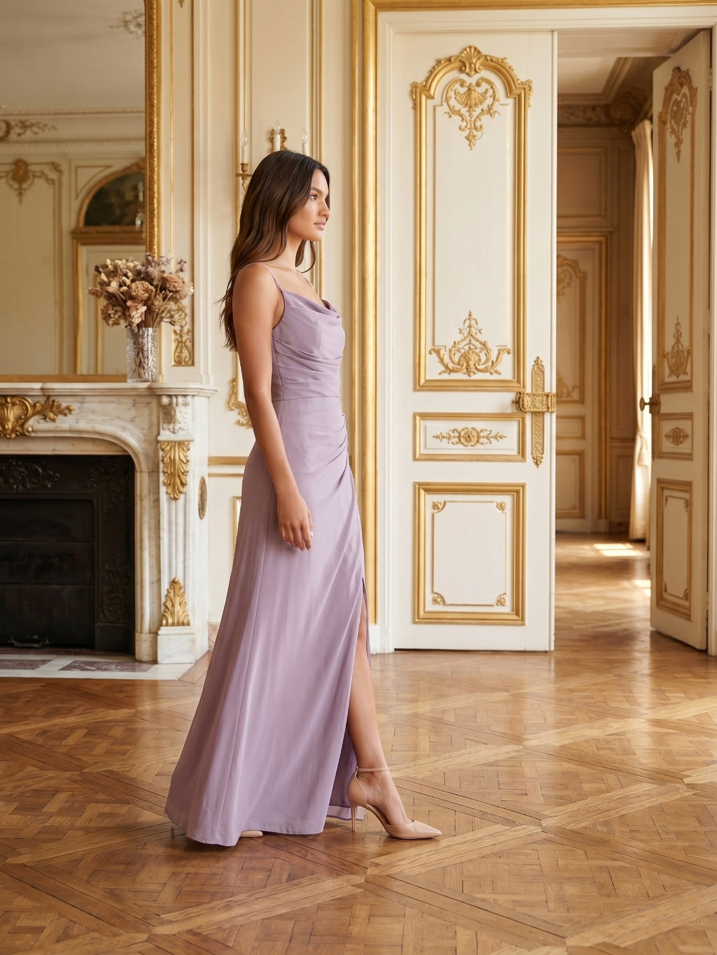 Lavender Chiffon Mermaid Cowl Neck Back Zip Floor-Length Bridesmaid Dress