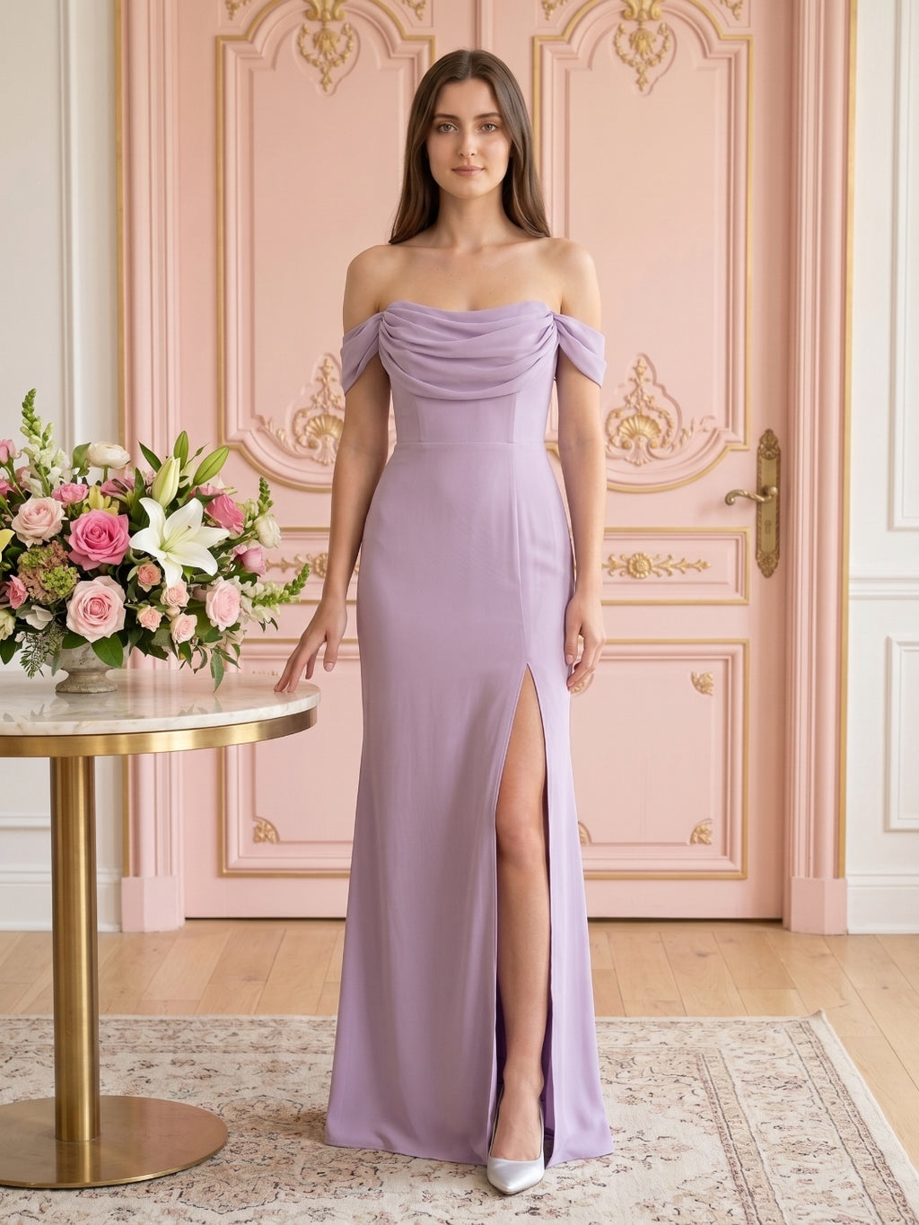 Lavender Chiffon Mermaid Straight Neck Backless Floor-Length Bridesmaid Dress