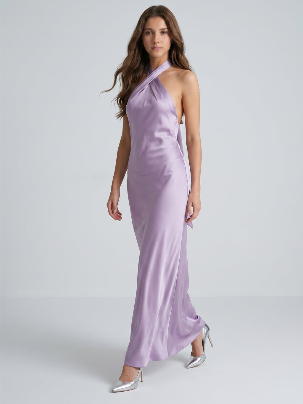 Lavender Column Halter Backless Floor-Length Bridesmaid Dress with Bow