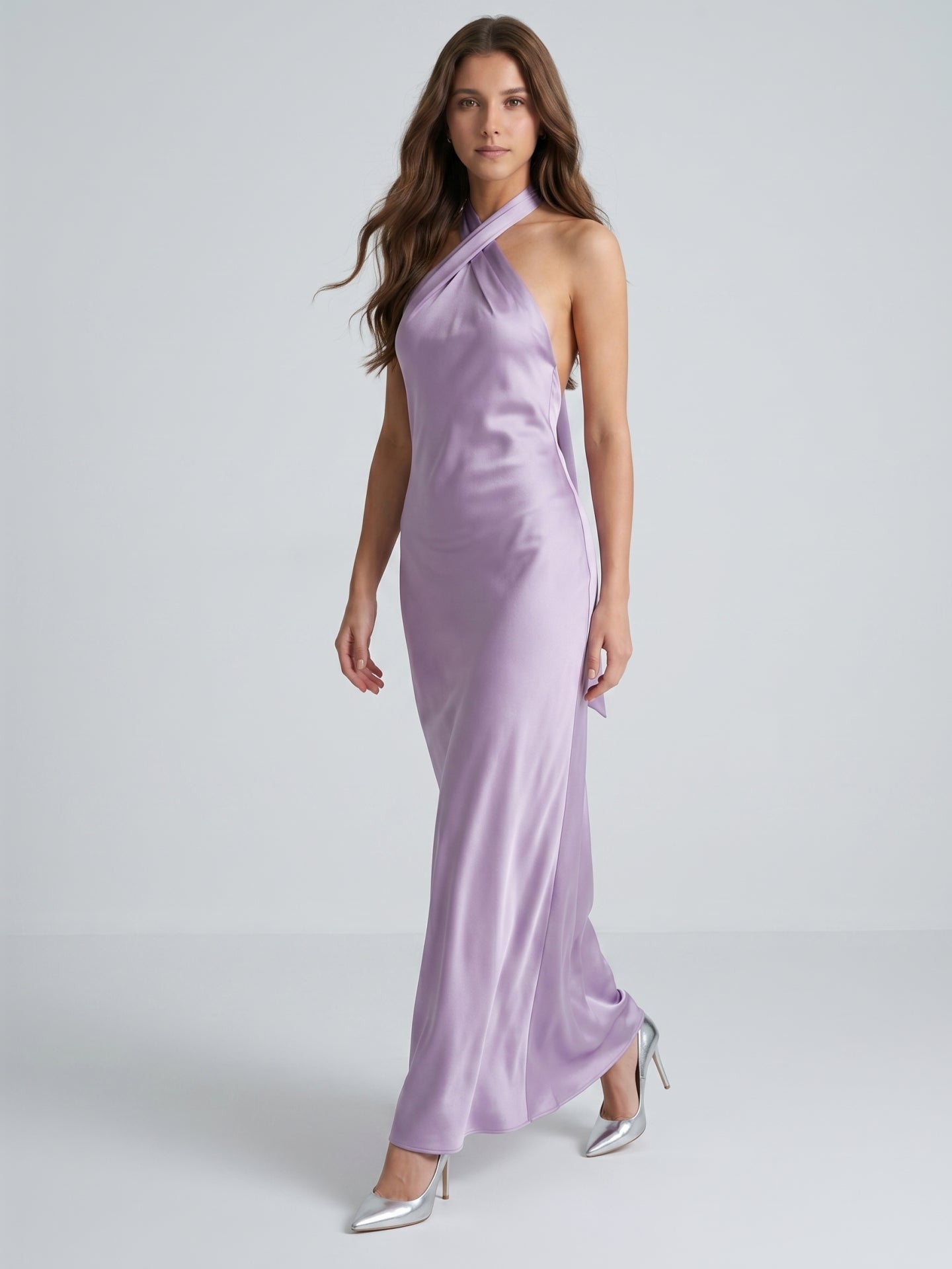 Lavender Column Halter Backless Floor-Length Bridesmaid Dress with Bow
