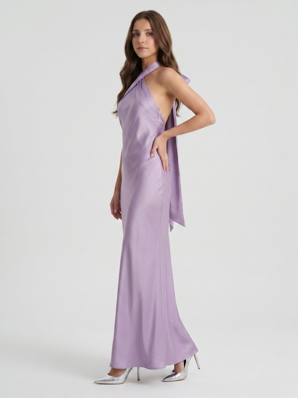 Lavender Column Halter Backless Floor-Length Bridesmaid Dress with Bow