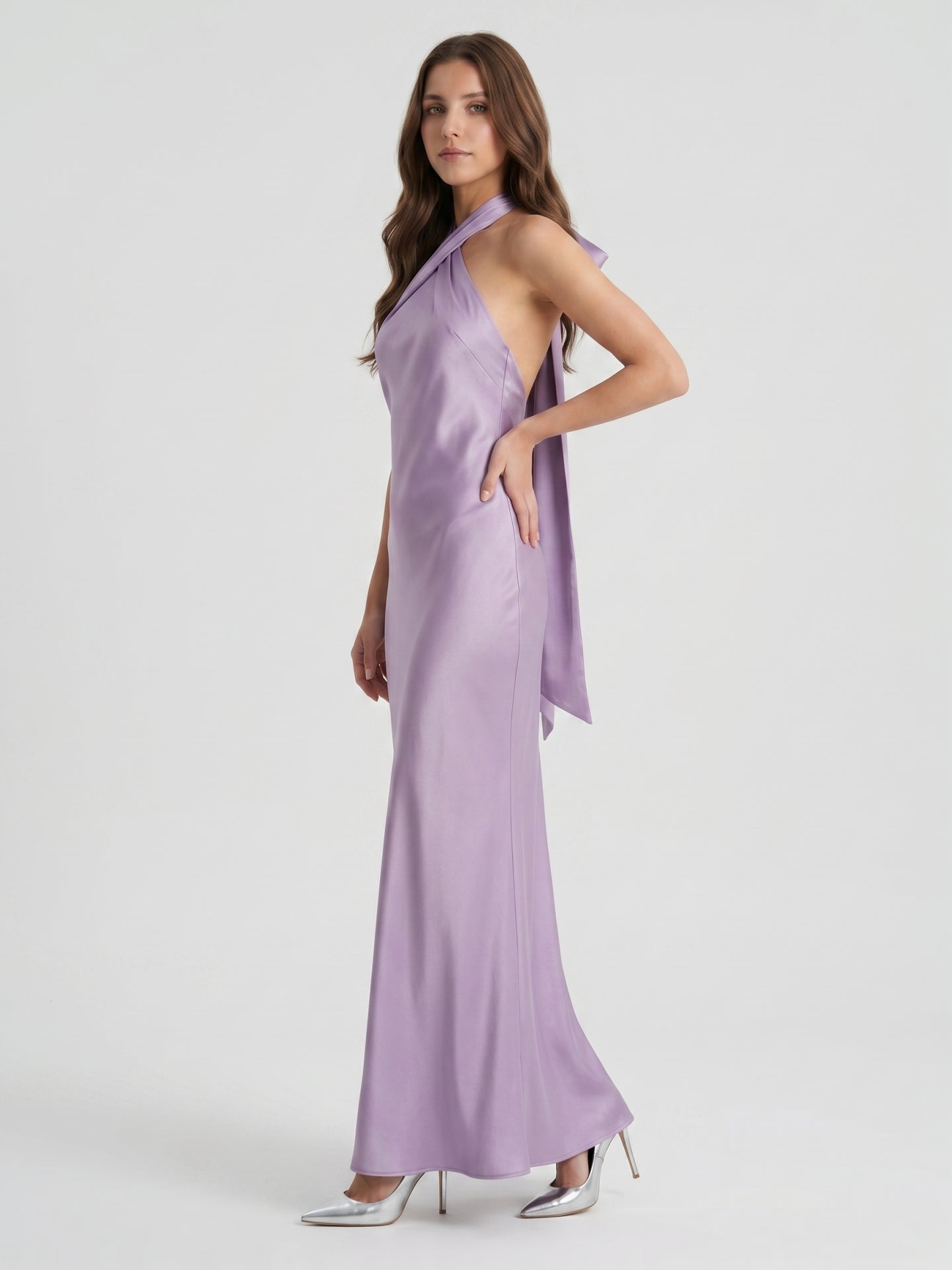 Lavender Column Halter Backless Floor-Length Bridesmaid Dress with Bow