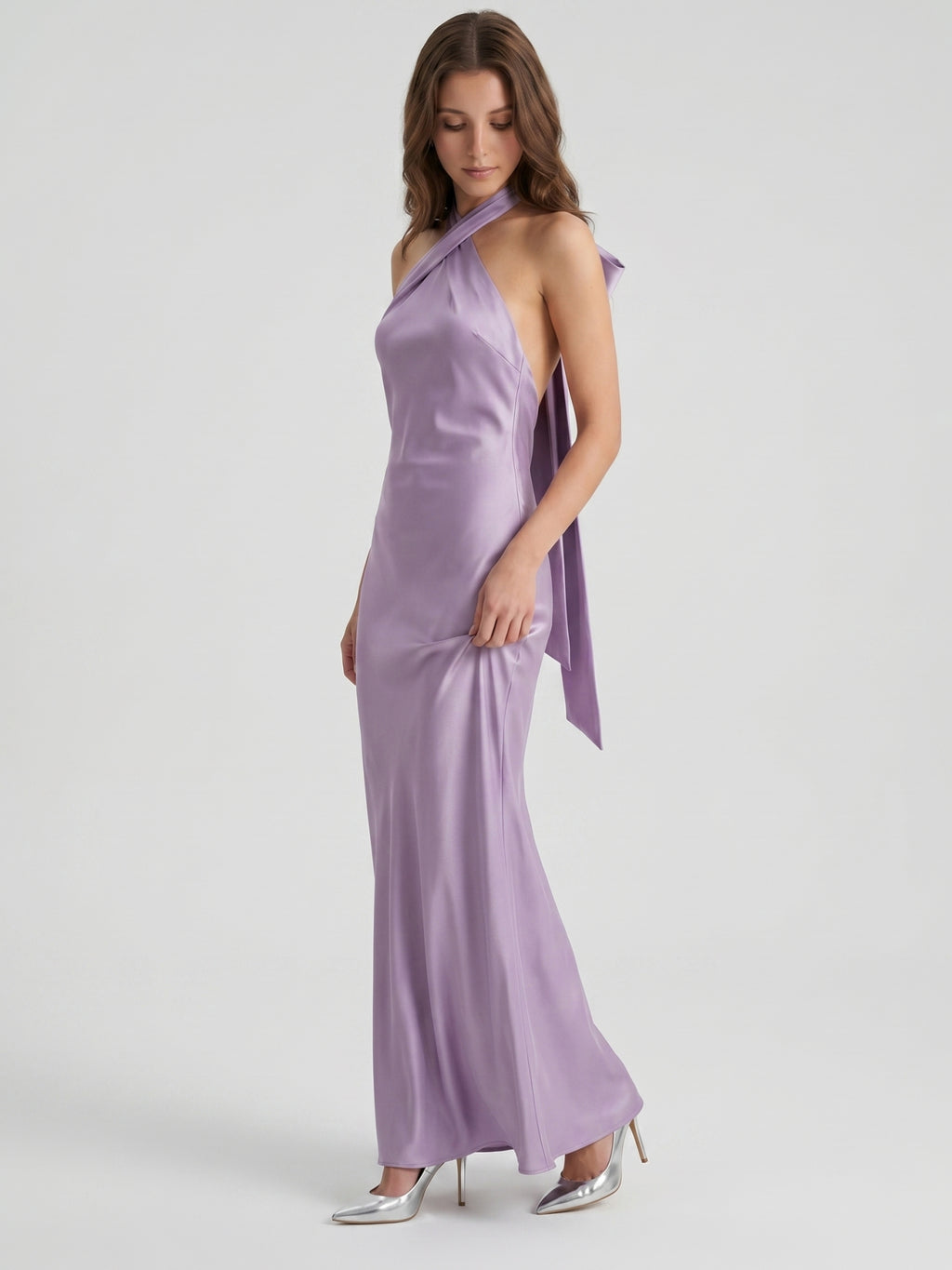 Lavender Column Halter Backless Floor-Length Bridesmaid Dress with Bow