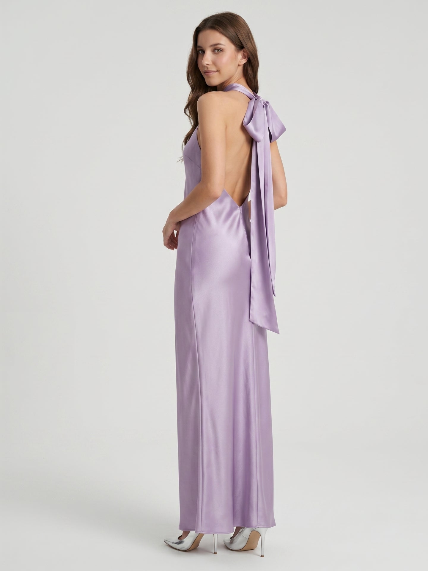 Lavender Column Halter Backless Floor-Length Bridesmaid Dress with Bow