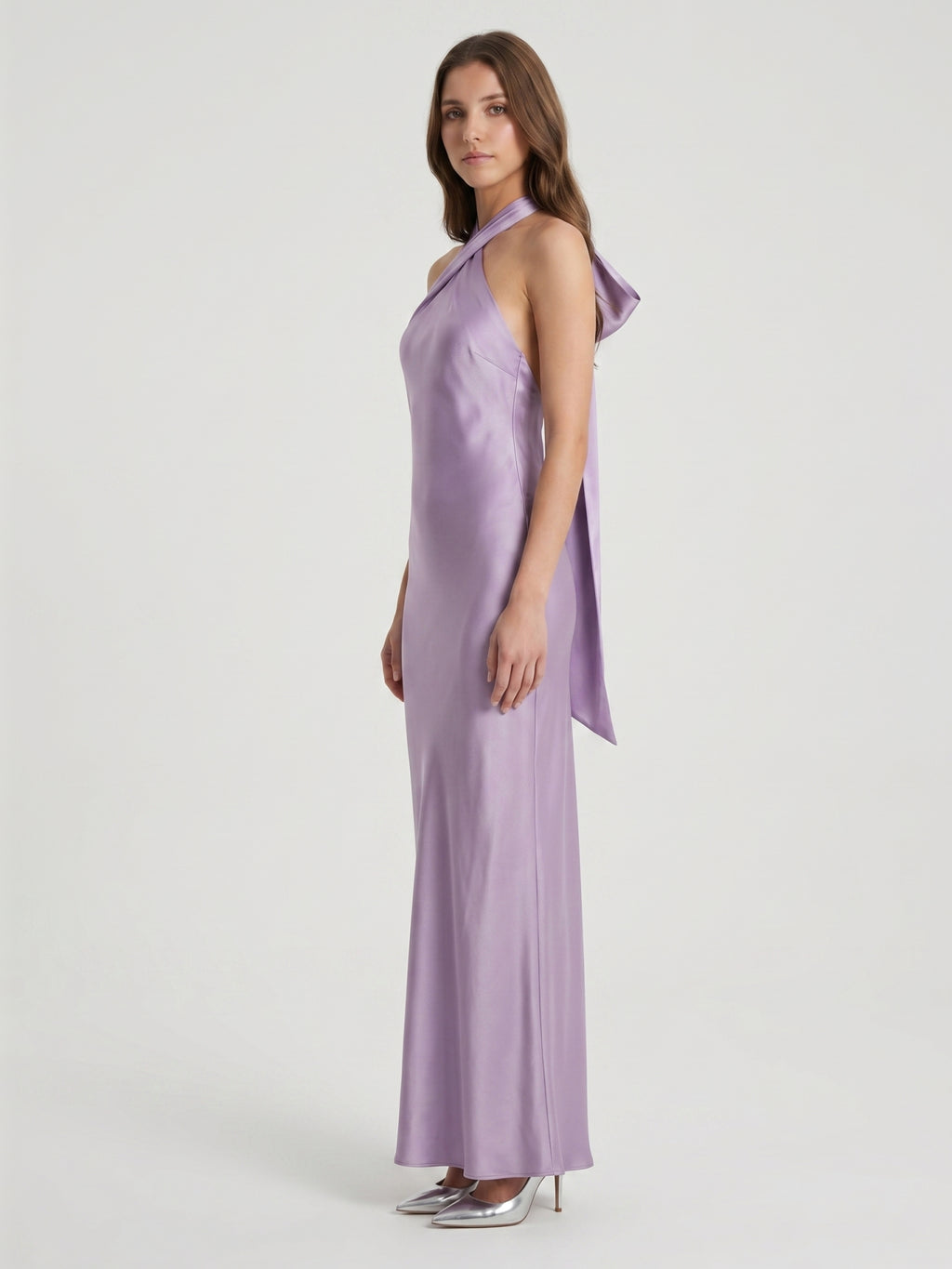 Lavender Column Halter Backless Floor-Length Bridesmaid Dress with Bow