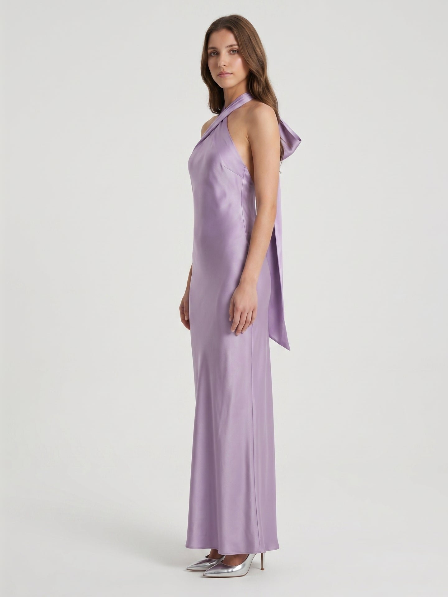 Lavender Column Halter Backless Floor-Length Bridesmaid Dress with Bow
