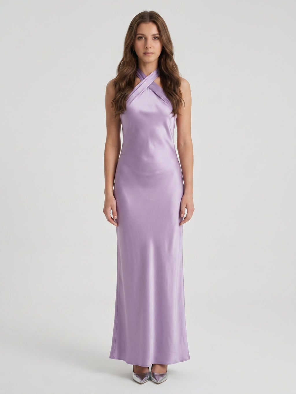 Lavender Column Halter Backless Floor-Length Bridesmaid Dress with Bow