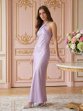 Lavender Column Halter Backless Floor-Length Bridesmaid Dress with Bow