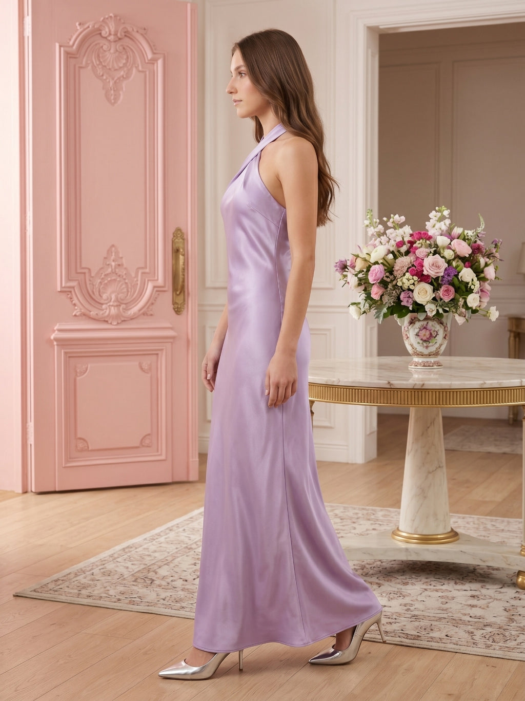 Lavender Column Halter Backless Floor-Length Bridesmaid Dress with Bow