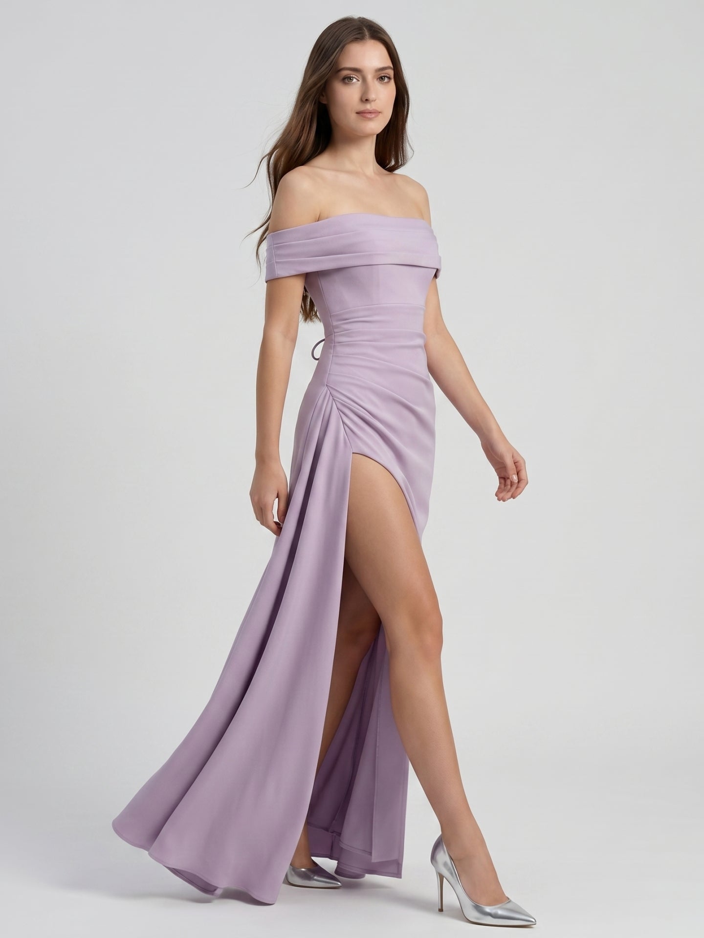 Lavender Matte Satin Column Off-the-Shoulder Lace-up Floor-Length Bridesmaid Dress