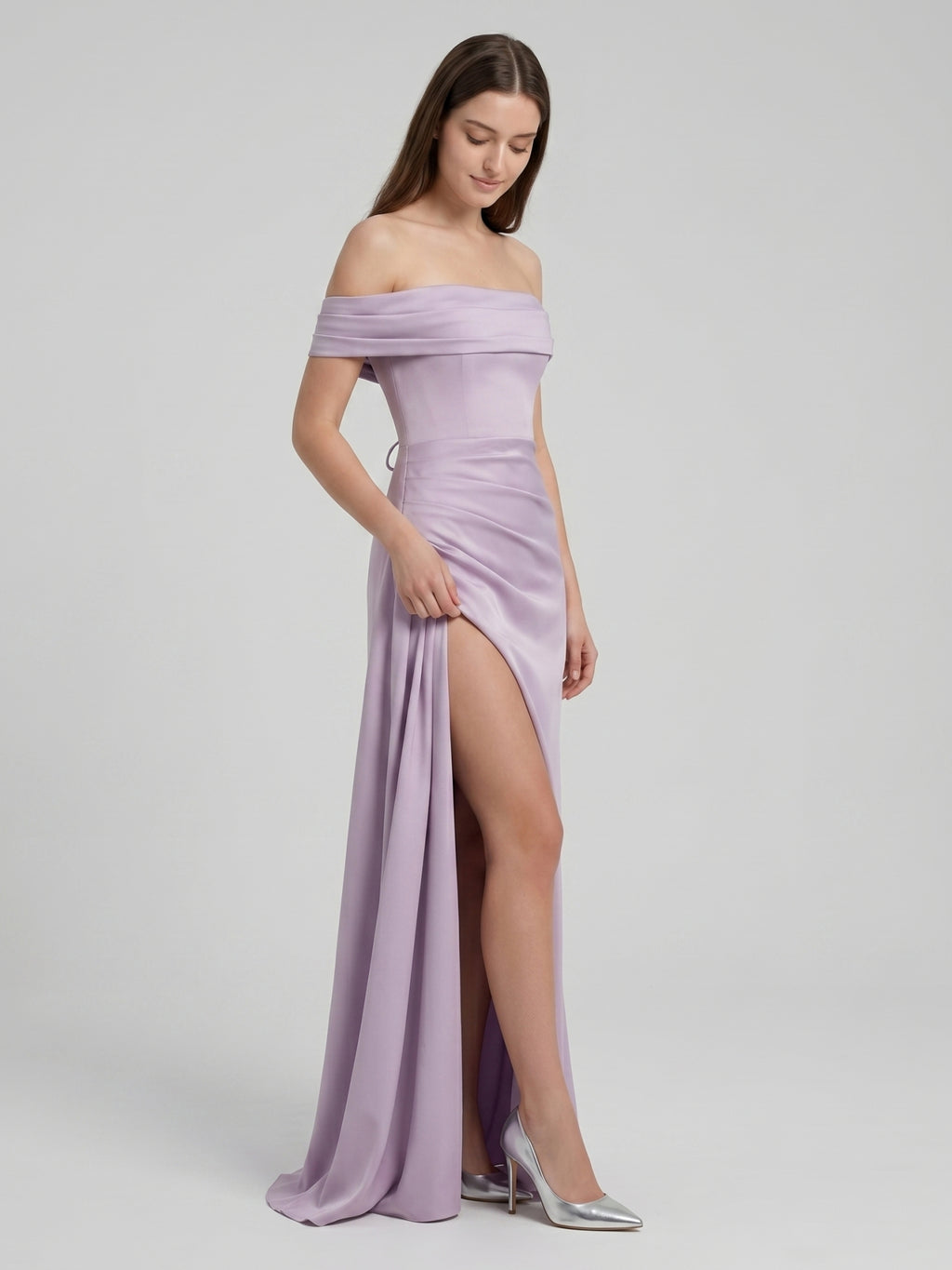 Lavender Matte Satin Column Off-the-Shoulder Lace-up Floor-Length Bridesmaid Dress