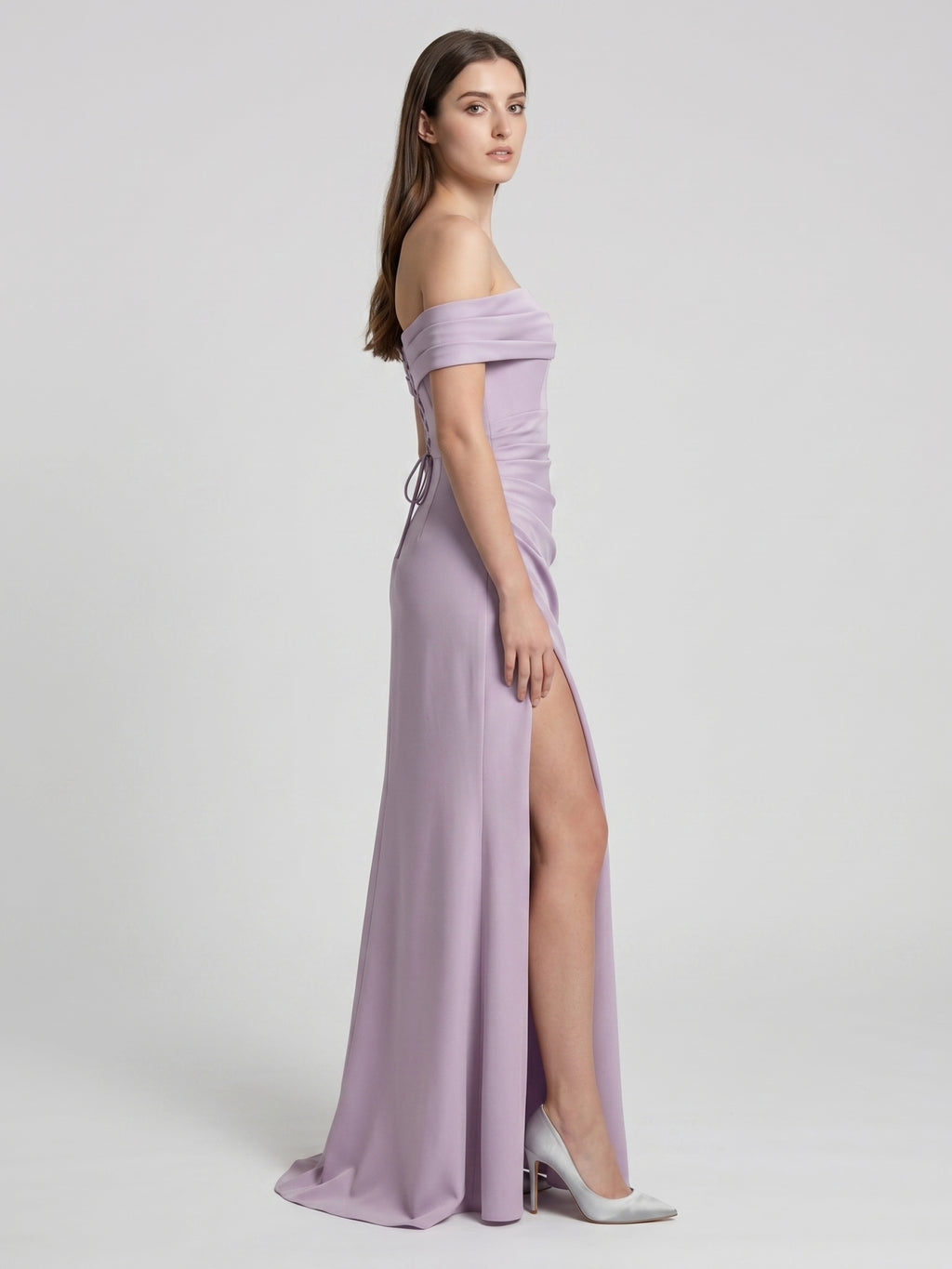 Lavender Matte Satin Column Off-the-Shoulder Lace-up Floor-Length Bridesmaid Dress