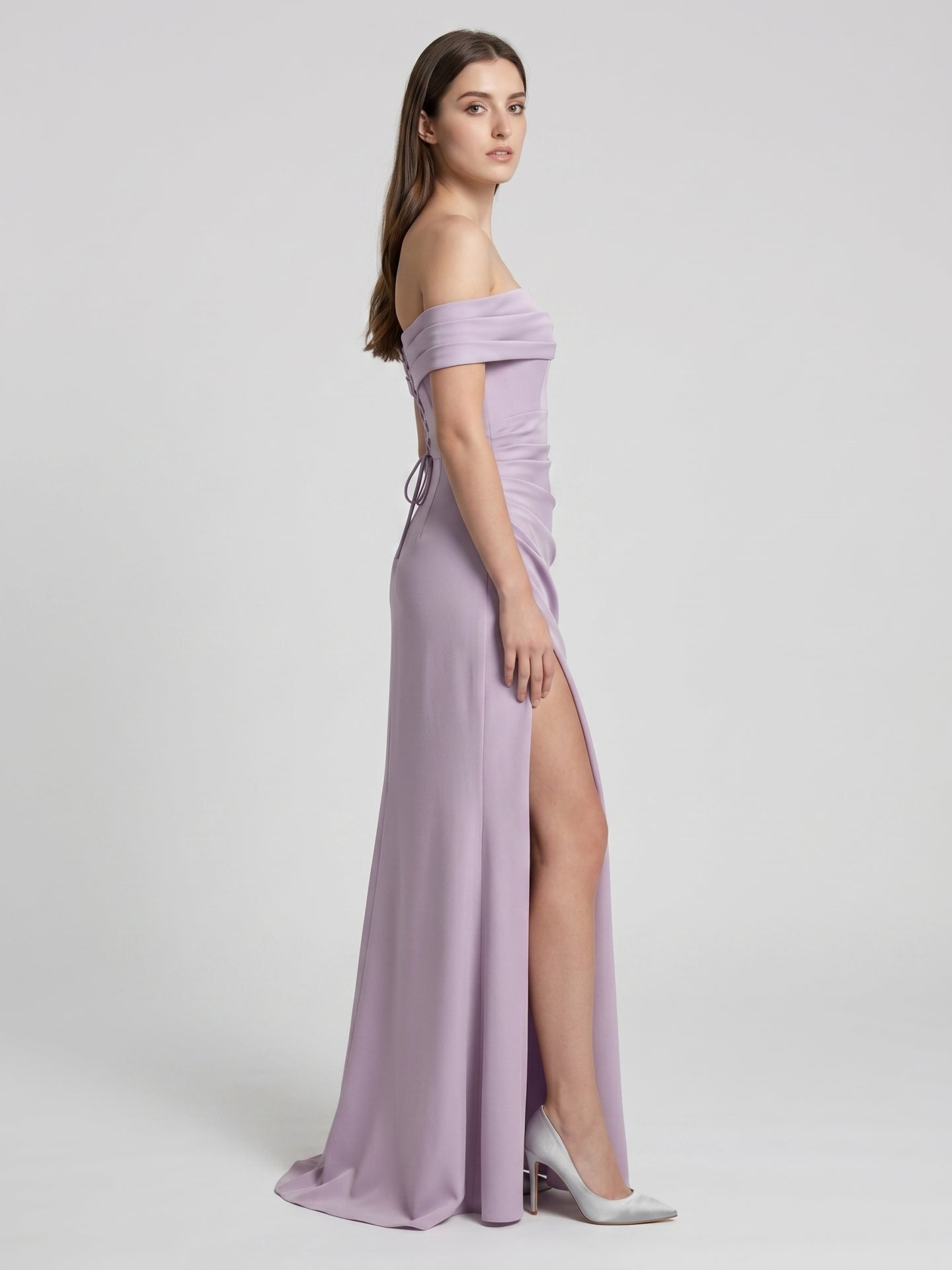 Lavender Matte Satin Column Off-the-Shoulder Lace-up Floor-Length Bridesmaid Dress