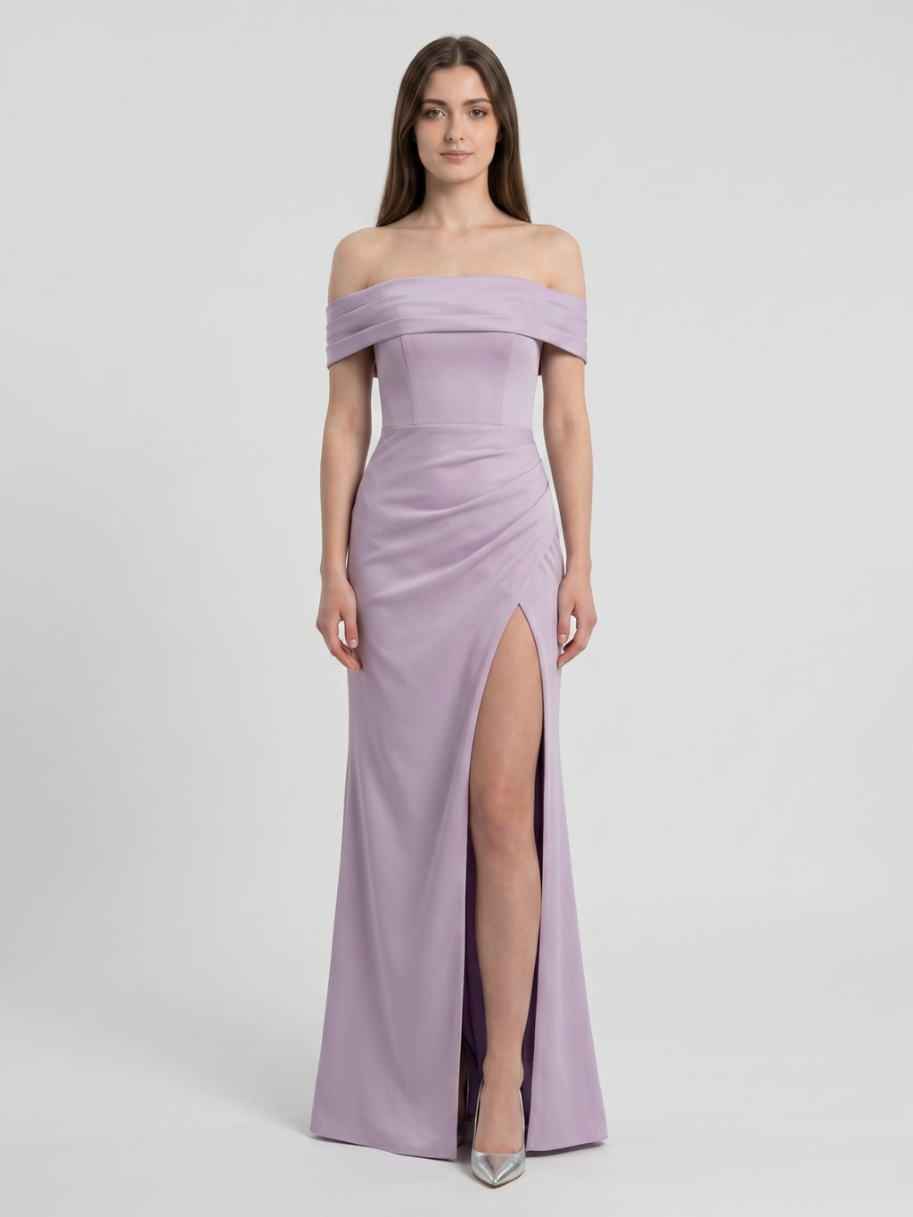 Lavender Matte Satin Column Off-the-Shoulder Lace-up Floor-Length Bridesmaid Dress