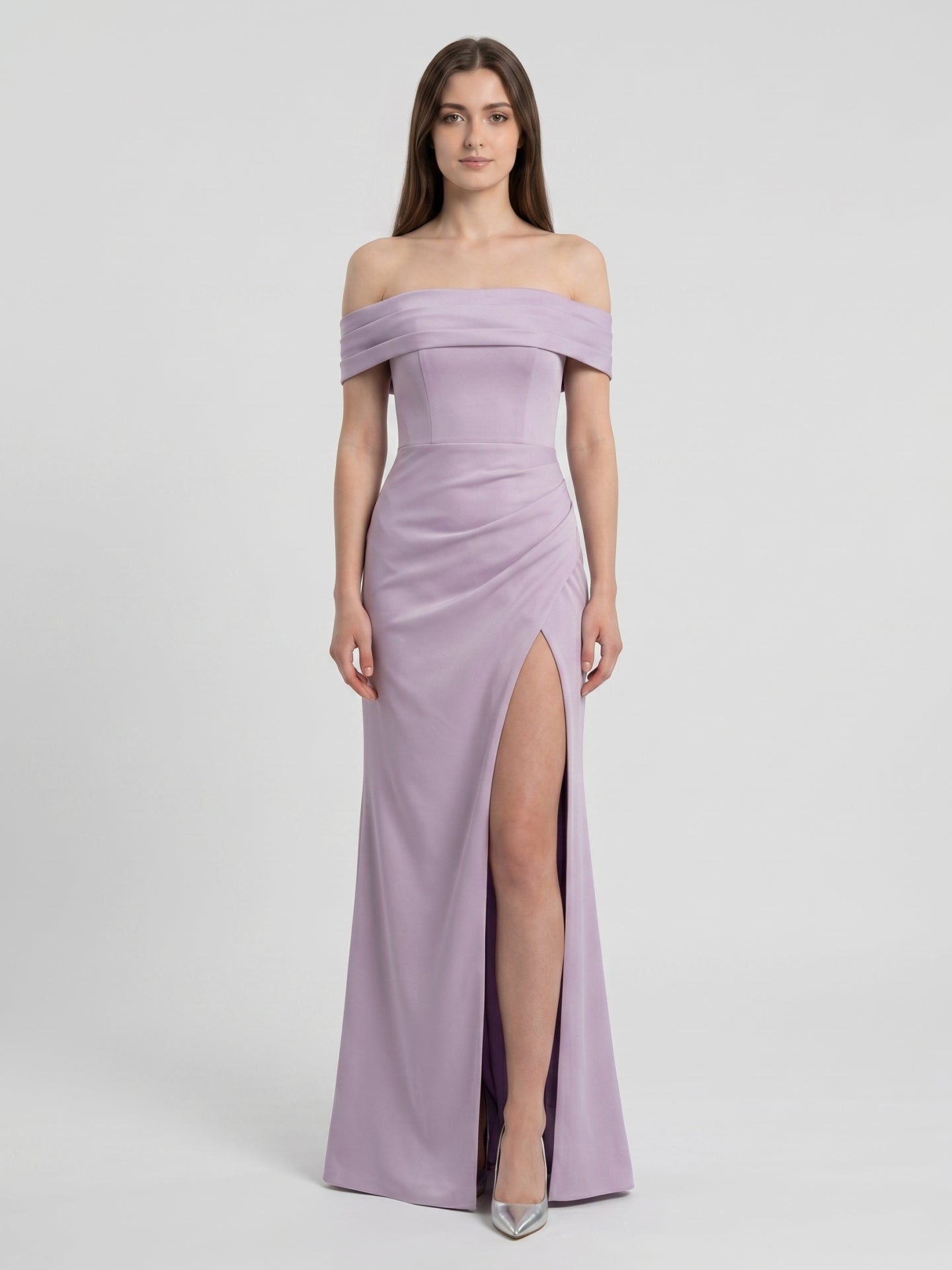 Lavender Matte Satin Column Off-the-Shoulder Lace-up Floor-Length Bridesmaid Dress