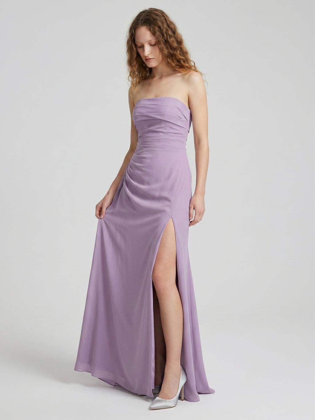 Lavender Matte Satin Mermaid Straight Neck Criss-Cross Straps Floor-Length Bridesmaid Dress with Pleats