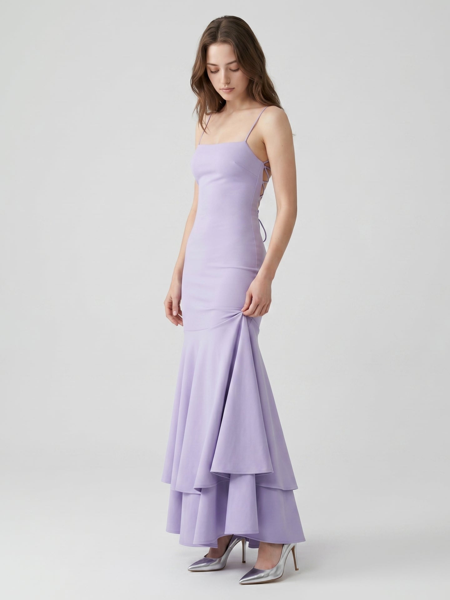 Lavender Matte Satin Mermaid Straight Neck Lace-up Floor-Length Bridesmaid Dress