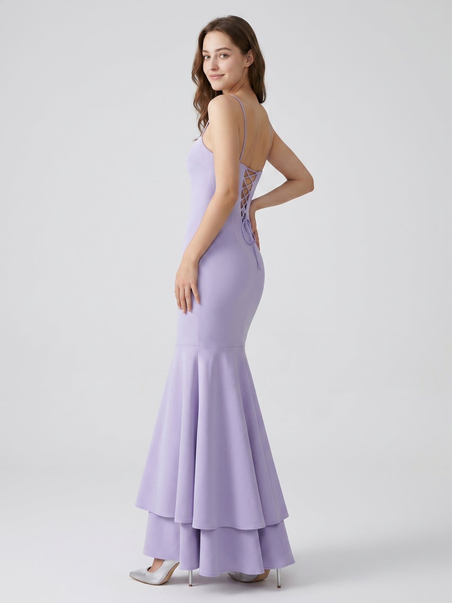 Lavender Matte Satin Mermaid Straight Neck Lace-up Floor-Length Bridesmaid Dress