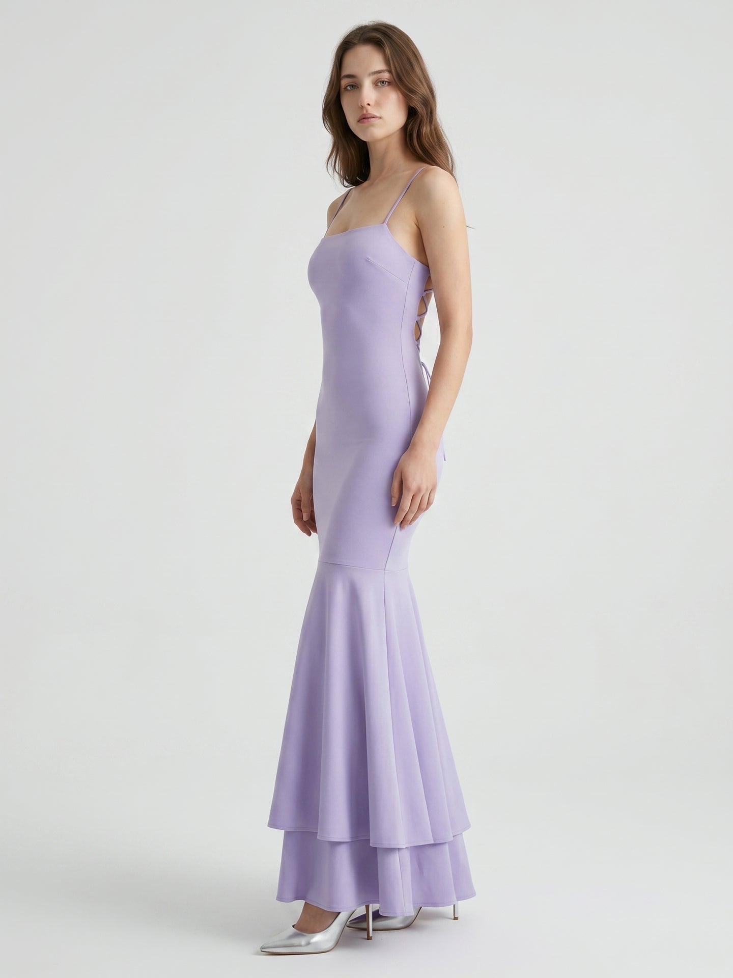 Lavender Matte Satin Mermaid Straight Neck Lace-up Floor-Length Bridesmaid Dress