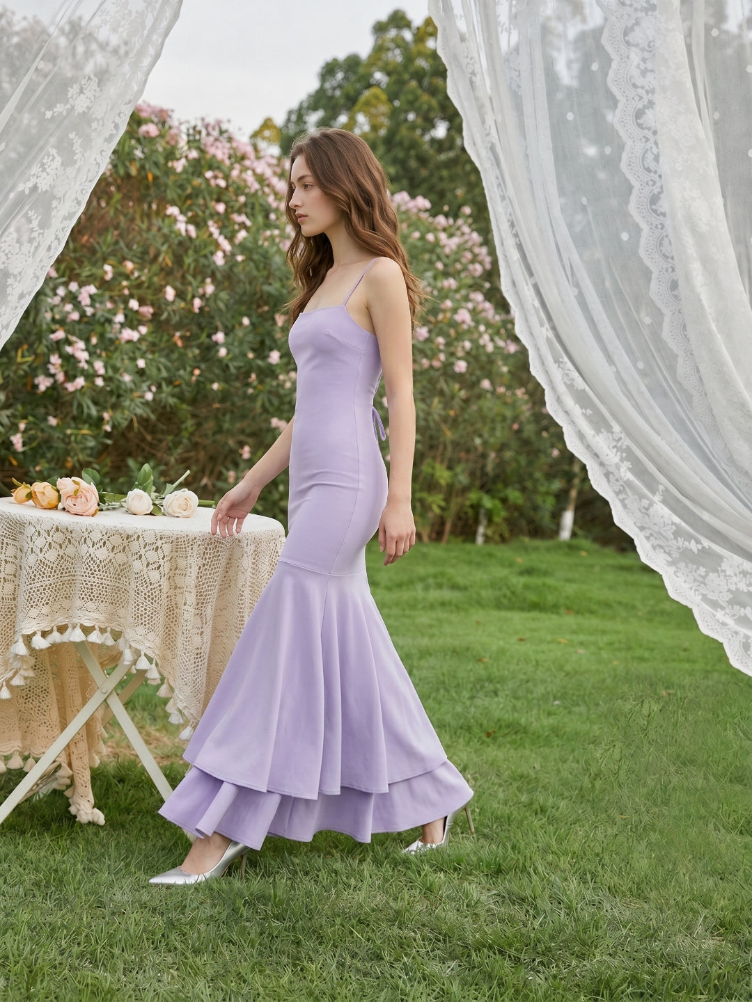 Lavender Matte Satin Mermaid Straight Neck Lace-up Floor-Length Bridesmaid Dress