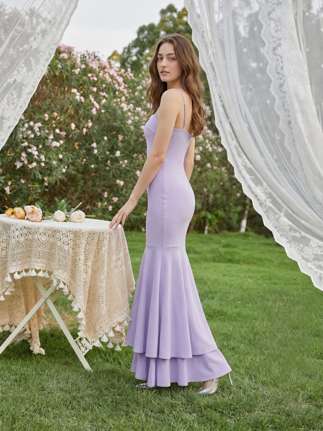 Lavender Matte Satin Mermaid Straight Neck Lace-up Floor-Length Bridesmaid Dress