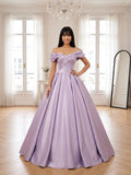 Lavender Satin A-Line Off-the-Shoulder Lace-up Floor-Length Dress