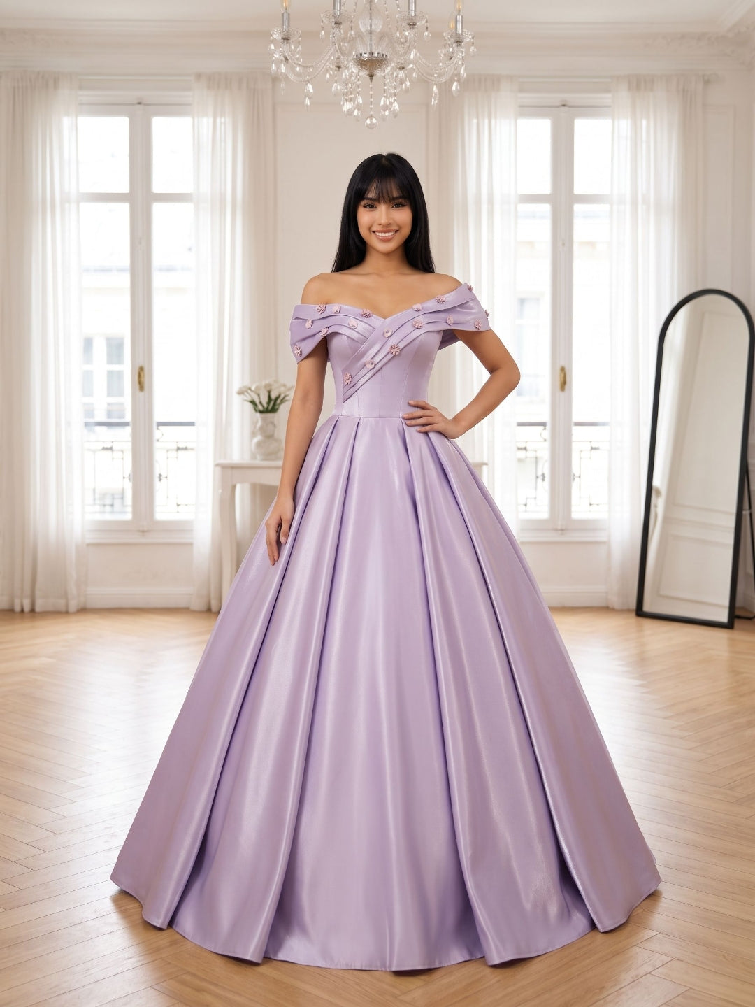 Lavender Satin A-Line Off-the-Shoulder Lace-up Floor-Length Dress