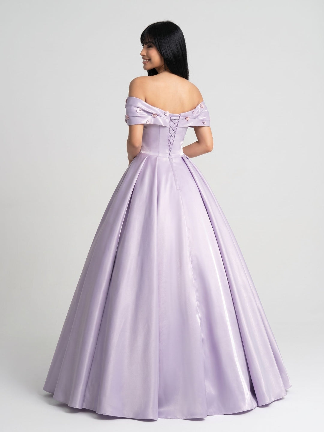 Lavender Satin A-Line Off-the-Shoulder Lace-up Floor-Length Dress