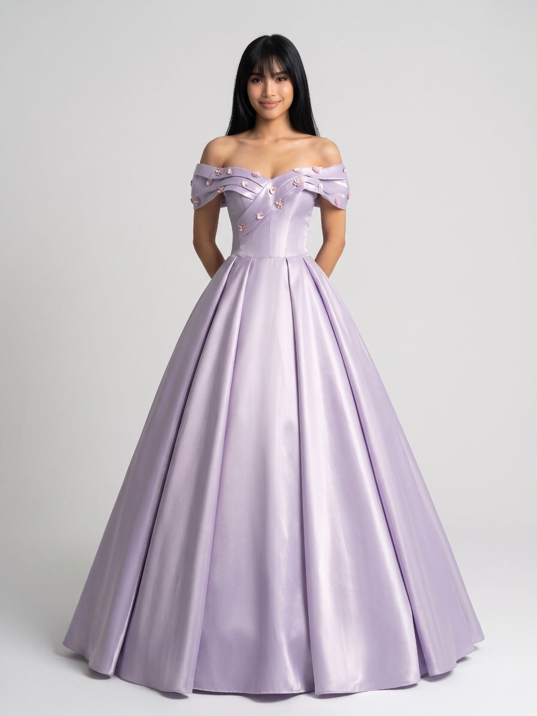Lavender Satin A-Line Off-the-Shoulder Lace-up Floor-Length Dress