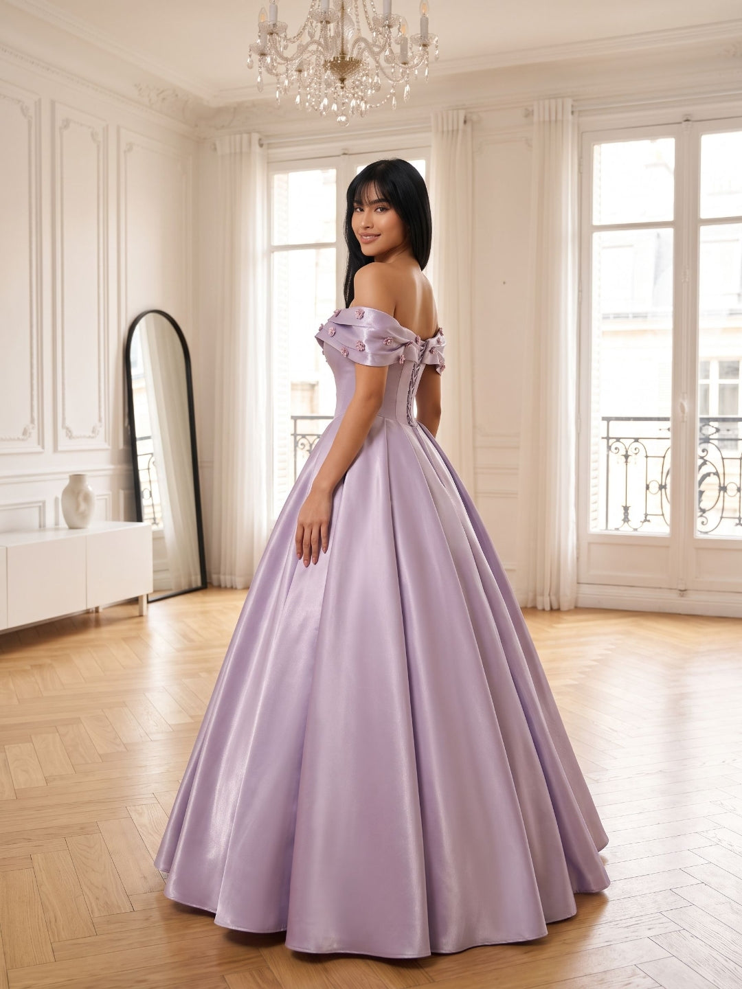 Lavender Satin A-Line Off-the-Shoulder Lace-up Floor-Length Dress