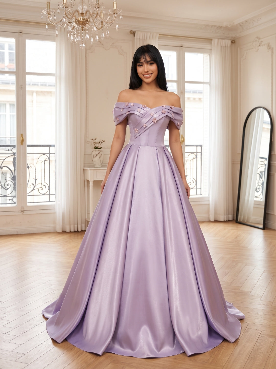 Lavender Satin A-Line Off-the-Shoulder Lace-up Floor-Length Dress