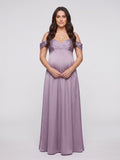 Lavender Satin A-Line Off-the-Shoulder V-Back Ankle-Length Maternity Bridesmaid Dress