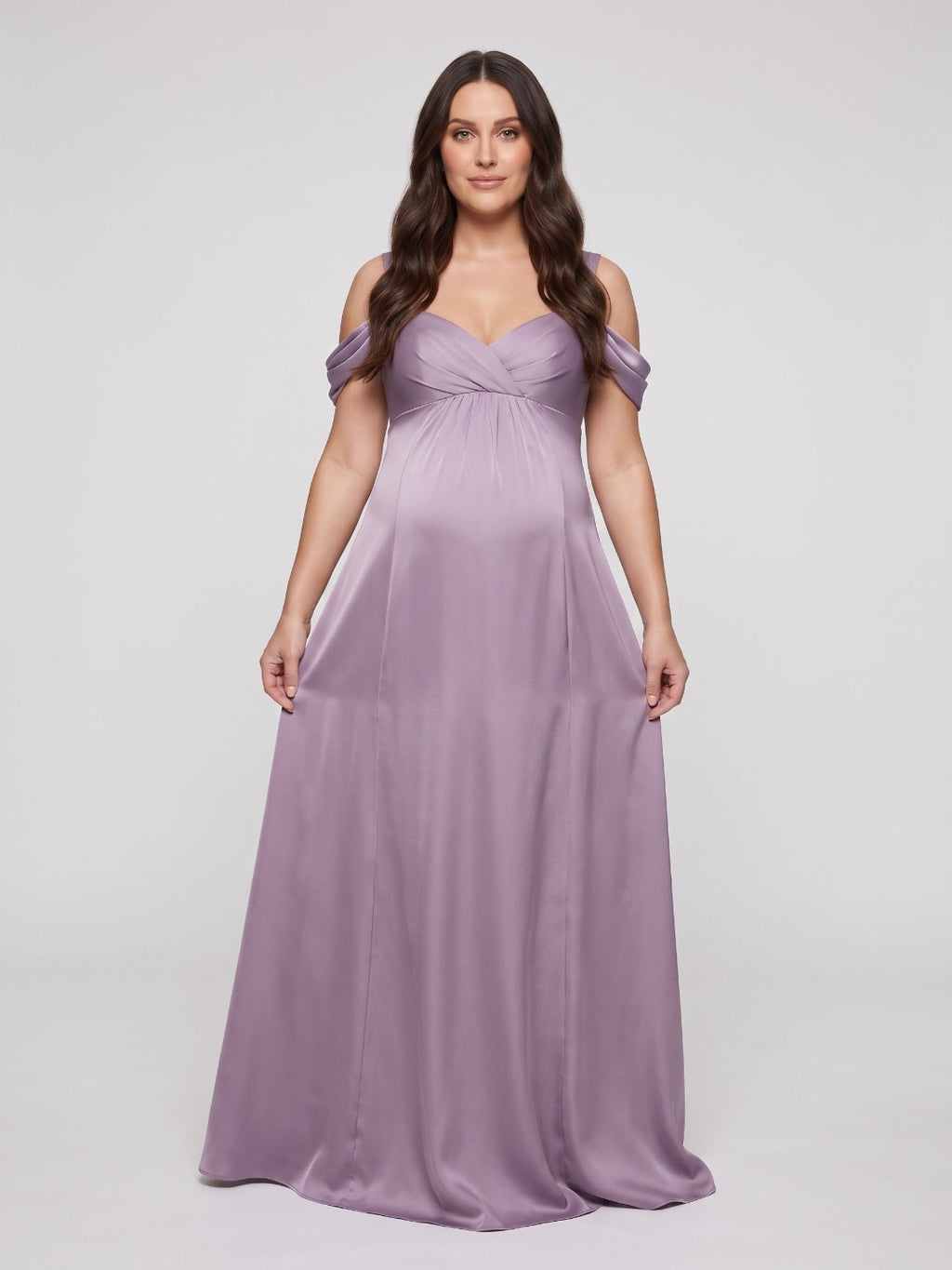 Lavender Satin A-Line Off-the-Shoulder V-Back Ankle-Length Maternity Bridesmaid Dress