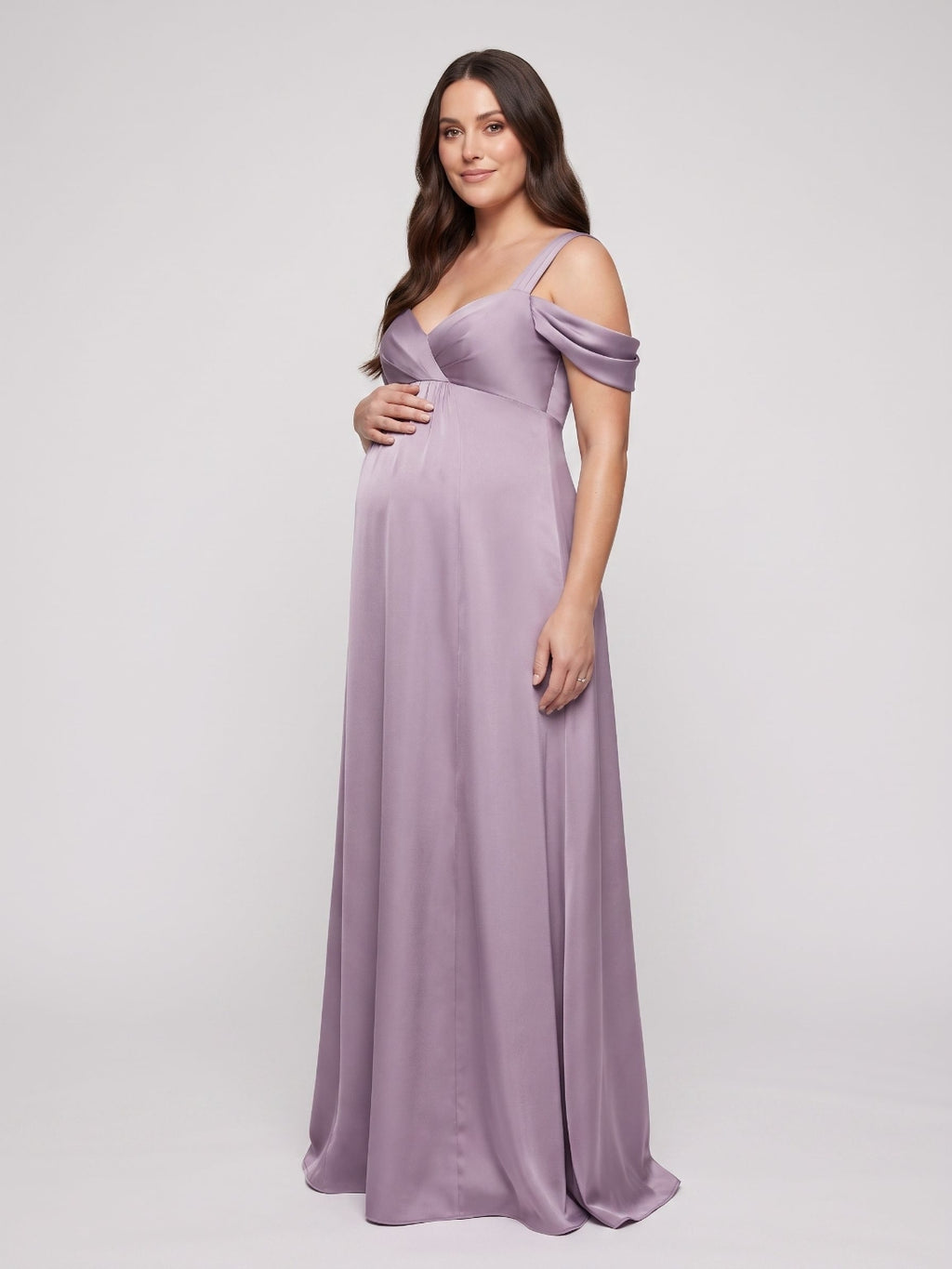 Lavender Satin A-Line Off-the-Shoulder V-Back Ankle-Length Maternity Bridesmaid Dress